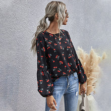 Load image into Gallery viewer, Puff Sleeve Blouse Top Women Spring Summer Casual O Neck Shirt Cherry Pattern Print Blouse For Women 2021 New