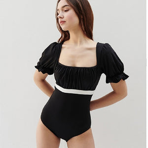 Puff Sleeve One Piece Swimsuit Women Black Swimwear Short Sleeves Monokini Swim Suit Trikini Padded Bathing Suit High Waist