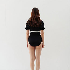 Puff Sleeve One Piece Swimsuit Women Black Swimwear Short Sleeves Monokini Swim Suit Trikini Padded Bathing Suit High Waist