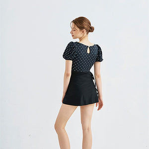 Puff Sleeve One Piece Swimsuit Women Dot Print Swimwear Short Sleeves Monokini Swim Suit Trikini Padded Bathing Suit with Skirt