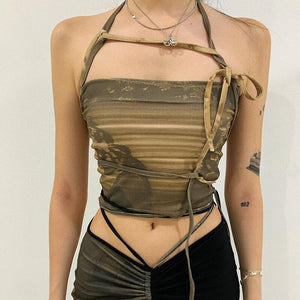Punk Gothic Camis Grunge Women Crop Tops Y2K Lace Up Sexy Cute Summer Halter Brown Camis Casual Female Sleeveless 90s Corset Top