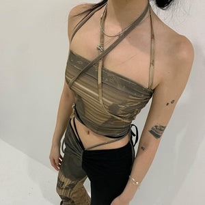 Punk Gothic Camis Grunge Women Crop Tops Y2K Lace Up Sexy Cute Summer Halter Brown Camis Casual Female Sleeveless 90s Corset Top
