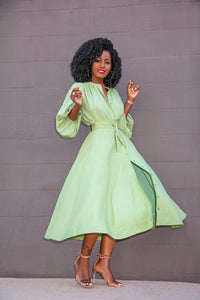 Pure Color African Dress Large Size Women's Stand Collar Lantern Sleeve Single Breasted With Belt Fashion Trendy Dress 2021 New