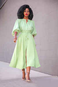 Pure Color African Dress Large Size Women's Stand Collar Lantern Sleeve Single Breasted With Belt Fashion Trendy Dress 2021 New