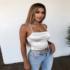Pure Color Women's Camis Sexy Nightclub Simulation Silk Sling Tank Tops for Female Hollow Straps Backless Tops