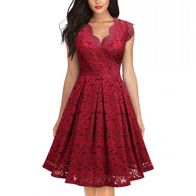Pure Color Womens Retro Sleeveless V-neck Lace Crochet Hollow Large Sleeve Dress 2021 Fashion Summer New Casual Sleeveless Dress
