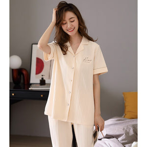 Pyjamas Women's 100% Cotton 2-piece Pajamas Short Sleeve XXL Sleepwear Summer Pijama Female Soild Colour Home Wear