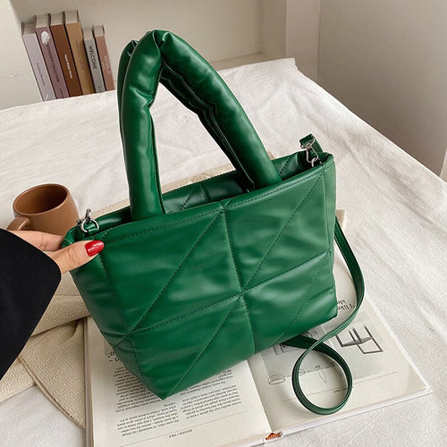 Quilted Small Pu Leather Totes Padded Handbags Designer Women Shoulder Side Bags Down Cotton Crossbody Bag Winter Purse 2022