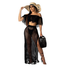 Load image into Gallery viewer, RT Sexy Knitted Women Set Two Pieces Set Slash Neck Cover Ups Slit Tassel Skirt 2 Pieces Set Hollow Out Beach Crocheted Suit