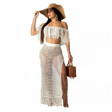 Load image into Gallery viewer, RT Sexy Knitted Women Set Two Pieces Set Slash Neck Cover Ups Slit Tassel Skirt 2 Pieces Set Hollow Out Beach Crocheted Suit