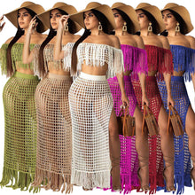 Load image into Gallery viewer, RT Sexy Knitted Women Set Two Pieces Set Slash Neck Cover Ups Slit Tassel Skirt 2 Pieces Set Hollow Out Beach Crocheted Suit