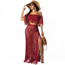 Load image into Gallery viewer, RT Sexy Knitted Women Set Two Pieces Set Slash Neck Cover Ups Slit Tassel Skirt 2 Pieces Set Hollow Out Beach Crocheted Suit