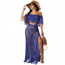 Load image into Gallery viewer, RT Sexy Knitted Women Set Two Pieces Set Slash Neck Cover Ups Slit Tassel Skirt 2 Pieces Set Hollow Out Beach Crocheted Suit