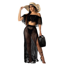 Load image into Gallery viewer, RT Sexy Knitted Women Set Two Pieces Set Slash Neck Cover Ups Slit Tassel Skirt 2 Pieces Set Hollow Out Beach Crocheted Suit