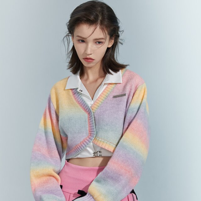 Rainbow Knitted Cardigan Sweater Women Sweet Patchwork Slim Short Coat Female Casual Korean Fashion Knitwear Sweater 2021 Autumn