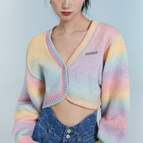Rainbow Knitted Cardigan Sweater Women Sweet Patchwork Slim Short Coat Female Casual Korean Fashion Knitwear Sweater 2021 Autumn