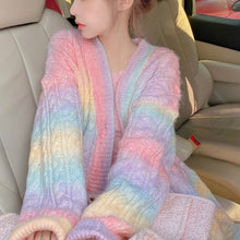 Load image into Gallery viewer, Rainbow Knitted Cardigan Women Autumn winter Sweet Kawaii Sweater Coat Female long Korean Button Down Cardigan Fall 2020 Women