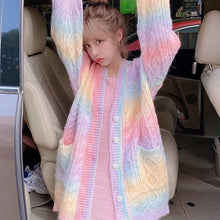 Load image into Gallery viewer, Rainbow Knitted Cardigan Women Autumn winter Sweet Kawaii Sweater Coat Female long Korean Button Down Cardigan Fall 2020 Women
