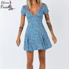 Load image into Gallery viewer, Rayon Blue Floral Print Women Dress Deep V-Neck Summer Ladies Short Sleeve A-Line Mini Dress Female Club Beach Wear Clothes