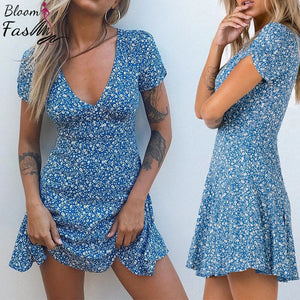 Rayon Blue Floral Print Women Dress Deep V-Neck Summer Ladies Short Sleeve A-Line Mini Dress Female Club Beach Wear Clothes