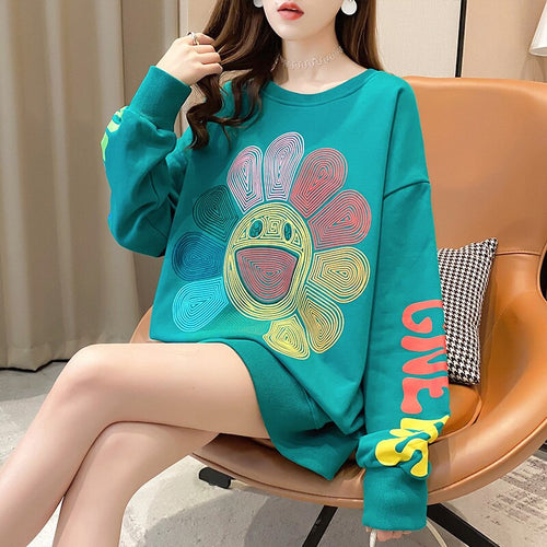 Real Shot Autumn Loose Large Size Mid-Length Pullover Round Neck 2021 Fashion Korean Hoodies Oversize Loose Causal Pullover Tops