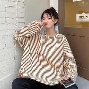 Real Shot Cost-Effective Striped Long Sleeve Early Autumn round Neck Loose