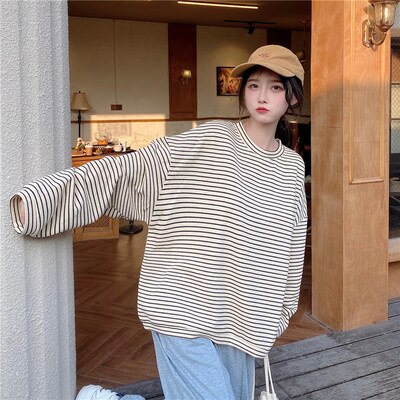 Real Shot Cost-Effective Striped Long Sleeve Early Autumn round Neck Loose