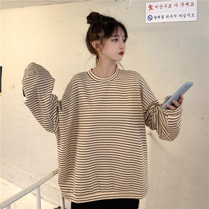 Real Shot Cost-Effective Striped Long Sleeve Early Autumn round Neck Loose