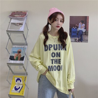 Real Shot Korean Style Letter Print Pullover Long Sleeve 2021 Fashion Korean Hoodies Oversize Loose Causal Pullover Tops Female