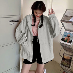 Real Shot Korean Style Loose Versatile Hooded Zipper Sweater