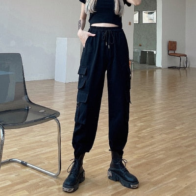 Real Shot Overalls Women's Summer Loose Tappered Black High