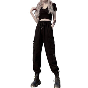 Real Shot Overalls Women's Summer Loose Tappered Black High