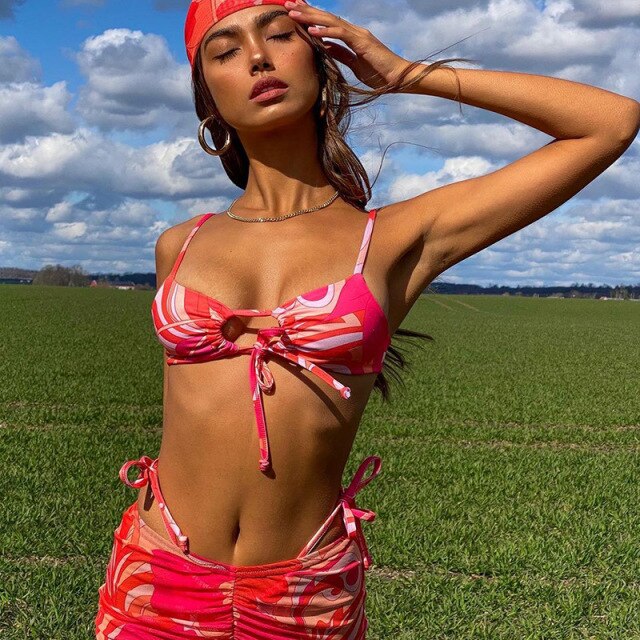 Red 2021 Summer Two Piece Set Crop Top Spaghetti Strap And Wide Leg Pants Women Set Print Casual Outfits