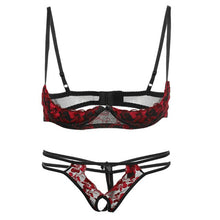 Load image into Gallery viewer, Red Embroidery Lace Bra Panty Lingerie Set Sexy Underwear Woman Open Crotch Panties Thin Cup Flower Set Lenceria Encaje