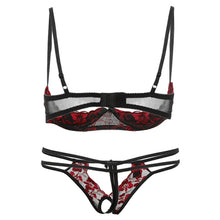 Load image into Gallery viewer, Red Embroidery Lace Bra Panty Lingerie Set Sexy Underwear Woman Open Crotch Panties Thin Cup Flower Set Lenceria Encaje