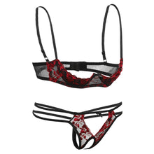 Load image into Gallery viewer, Red Embroidery Lace Bra Panty Lingerie Set Sexy Underwear Woman Open Crotch Panties Thin Cup Flower Set Lenceria Encaje