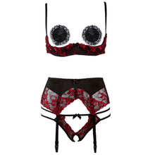 Load image into Gallery viewer, Red Embroidery Lace Bra Panty Lingerie Set Sexy Underwear Woman Open Crotch Panties Thin Cup Flower Set Lenceria Encaje