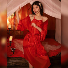 Load image into Gallery viewer, Red Lingerie Sexy Classical Gauze Bellyband Nightgown Set Bride Women Pijamas Dress Nightdress with T-thong Sleepwear Entice Set