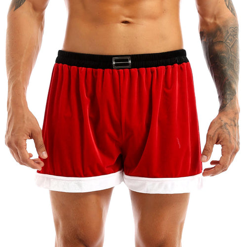 Red Mens Novelty Santa Claus Loose Casual Boxer Shorts Flannel Belt Pattern Christmas Santa Cosplay Costume Underwear Panties