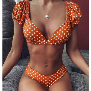 Red Short Sleeve Bikini Set 2021 New Sexy V Neck Swimsuit Women Swimwear Polka Dot Bikini Brazilian Bathing Suit Beachwear