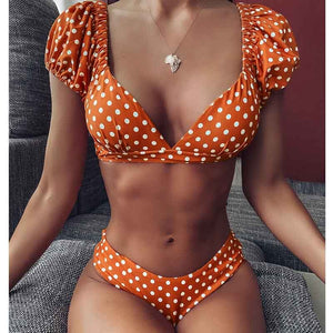 Red Short Sleeve Bikini Set 2021 New Sexy V Neck Swimsuit Women Swimwear Polka Dot Bikini Brazilian Bathing Suit Beachwear