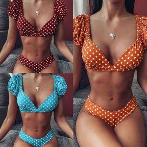 Red Short Sleeve Bikini Set 2021 New Sexy V Neck Swimsuit Women Swimwear Polka Dot Bikini Brazilian Bathing Suit Beachwear