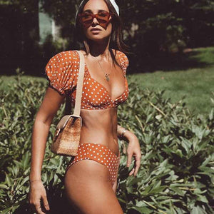 Red Short Sleeve Bikini Set 2021 New Sexy V Neck Swimsuit Women Swimwear Polka Dot Bikini Brazilian Bathing Suit Beachwear