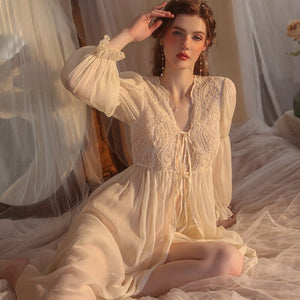 Retro Apricot Victorian Dress Women Court style Long Robe Lace Pleated Skirts Sleepwear Nightgown Bridesmaids Kawaii Lingerie
