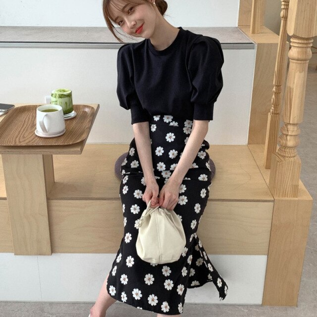 Retro Floral High Waist Hip Mermaid Skirt Set  Summer  Fashion Two Piece Set Women Puff Sleeve Tops + Chiffon Midi Skirt