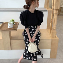 Load image into Gallery viewer, Retro Floral High Waist Hip Mermaid Skirt Set  Summer  Fashion Two Piece Set Women Puff Sleeve Tops + Chiffon Midi Skirt