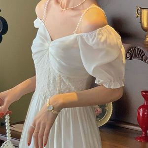 Retro French Dress Elegant Women 2021 Summer V-Neck Short Sleeve White Dress Print Chic Retro Sweet One-piece Dress
