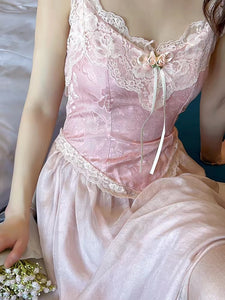 Retro French Style Pink Dress For Slim Lady Summer Jacquard Lace Spaghttti Strap Sexy Long Dresses Party Night Robe Rose Vestido