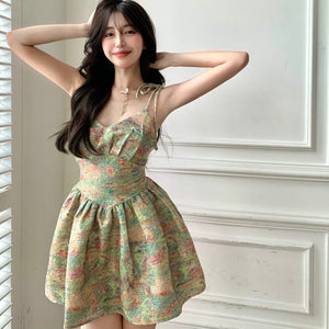 Retro Gentle Style Sweet Floral Spaghetti Strap Dress Women Summer 2021 New Style Jumpsuit Short Dress Waist Puffy Dress