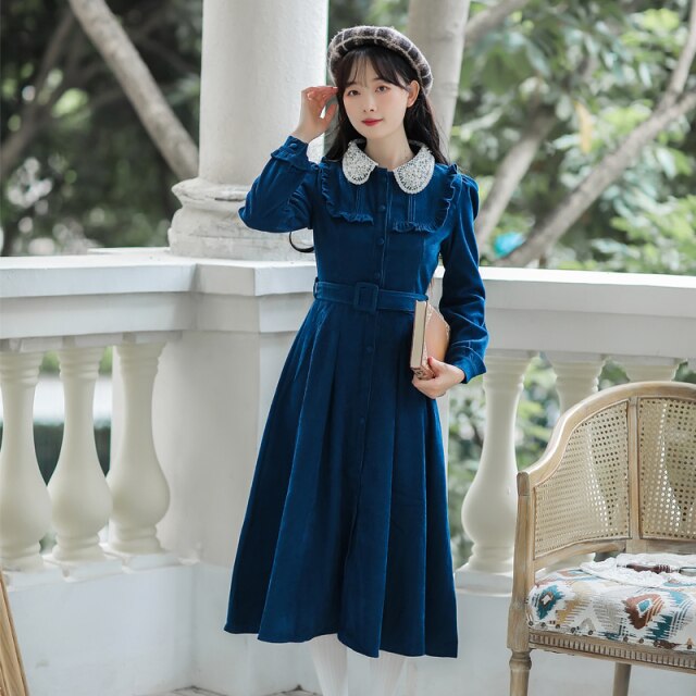 Retro Light Luxury Female Corduroy Dress Lace Stitching Chic Beade Lapel Elegant Temperament Dress Fall French Casual Maxi Dress